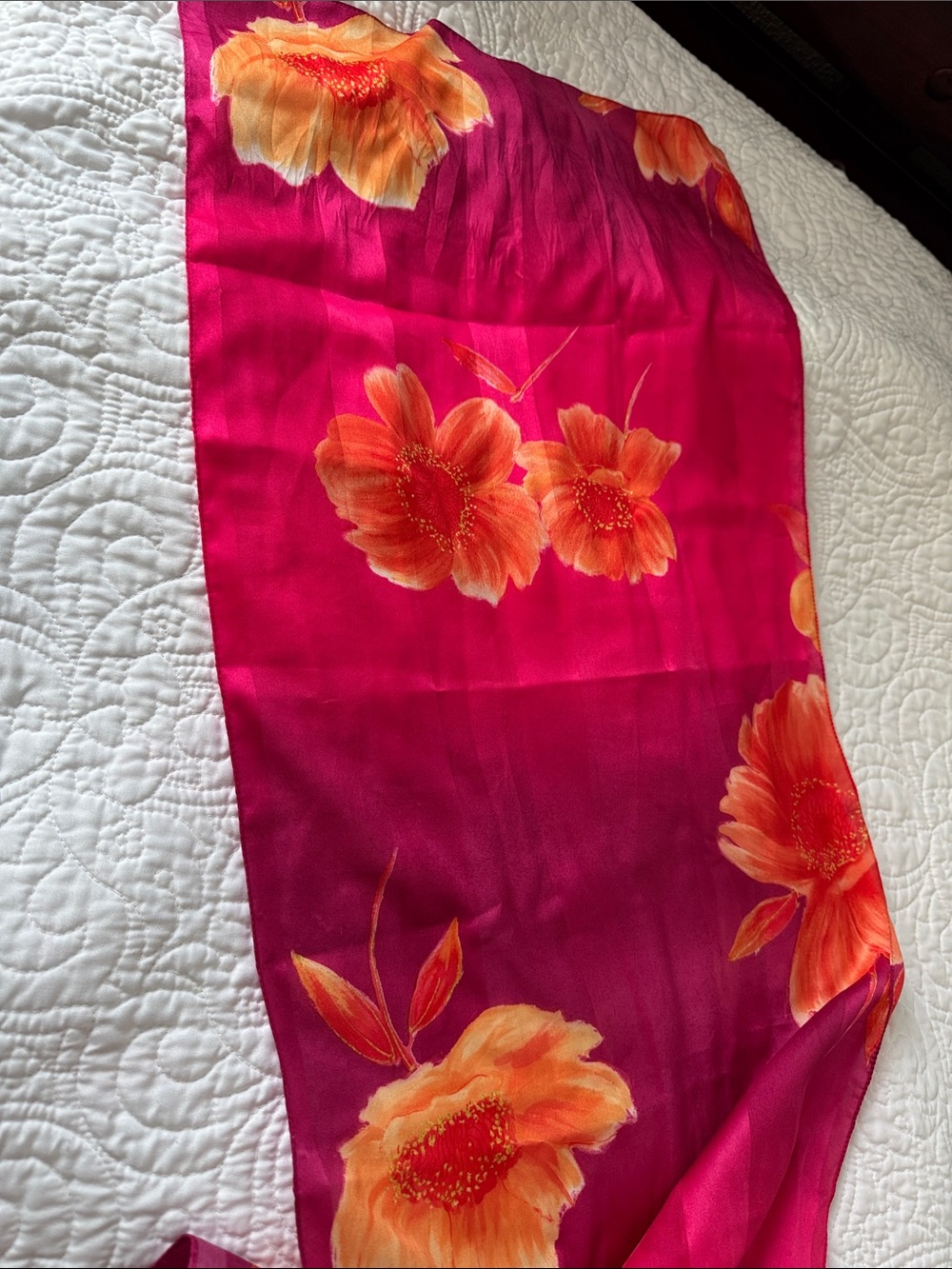 Bright Fuchsia Floral Satin Scarf - Picture 5 of 7